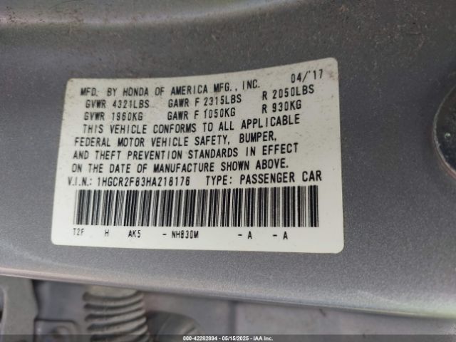 1HGCR2F83HA218176 Honda Accord Ex-l