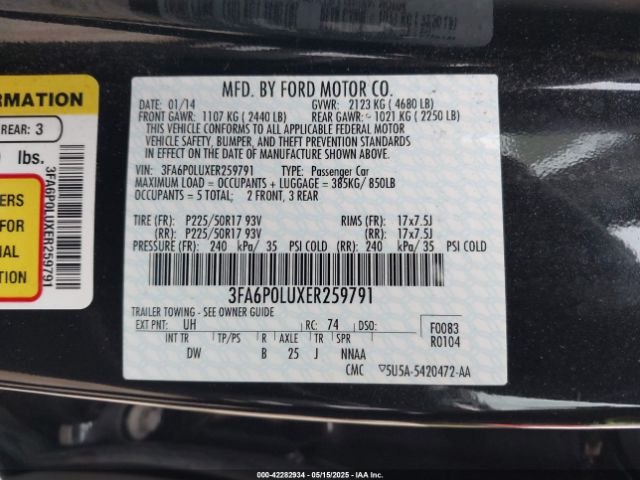 3FA6P0LUXER259791 Ford Fusion Hybrid Se
