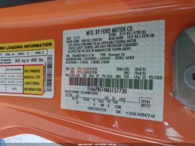1FA6P8CF4M5157730 Ford Mustang Gt Fastback