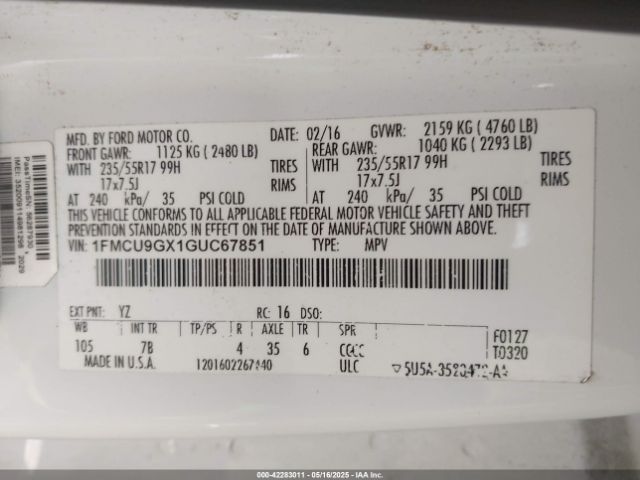 1FMCU9GX1GUC67851 Ford ESCAPE SE