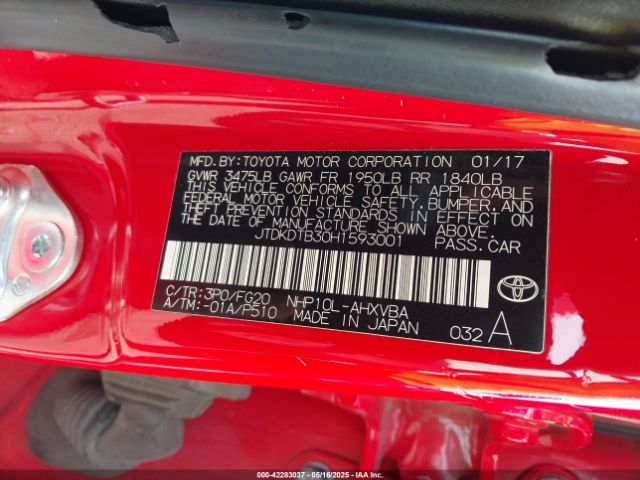 JTDKDTB30H1593001 Toyota 1nz-fxe+1lm