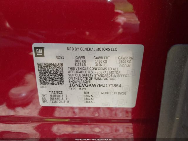 1GNEVGKW7MJ171854 Chevrolet Traverse Awd Lt Cloth