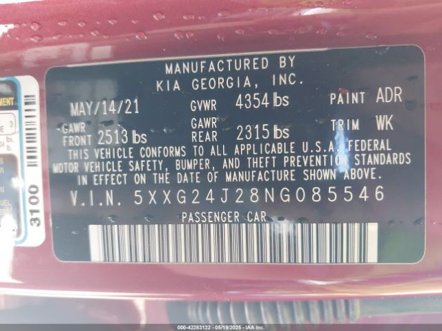 5XXG24J28NG085546 KIA K5 LX