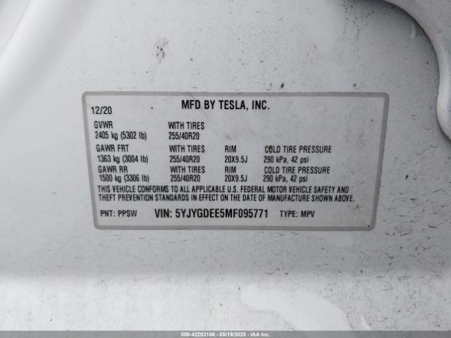 5YJYGDEE5MF095771 Tesla Model Y Long Range Dual Motor All-wheel Drive