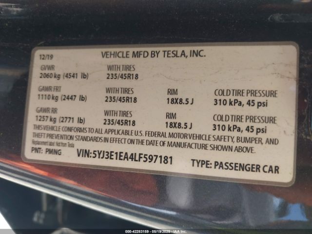 5YJ3E1EA4LF597181 Tesla Model 3 Standard Range Plus Rear-wheel Drive/standard Range Rear-wheel Drive