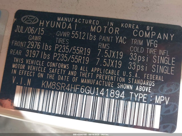 KM8SR4HF6GU141894 Hyundai Santa Fe Limited
