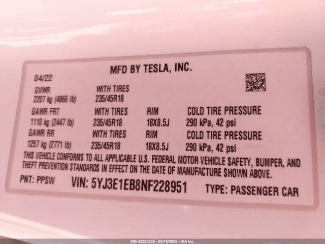 2022 TESLA MODEL 3 5YJ3E1EB8NF228951 Photo 8