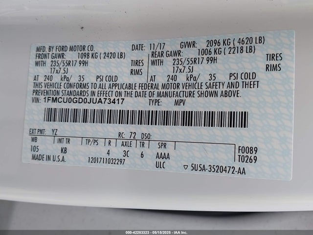 1FMCU0GD0JUA73417 Ford ESCAPE SE