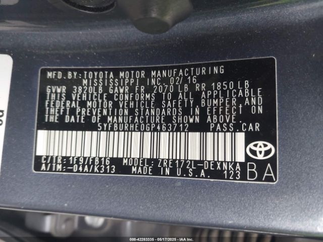 5YFBURHE0GP463712 Toyota 2zr-fe