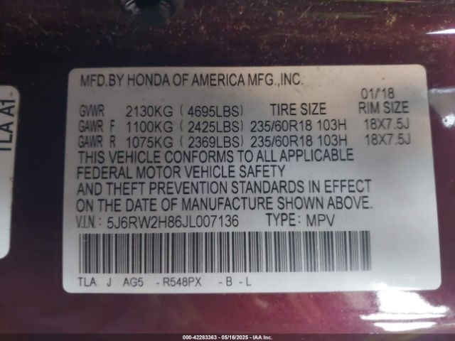 5J6RW2H86JL007136 Honda Cr-v Ex-l/ex-l Navi