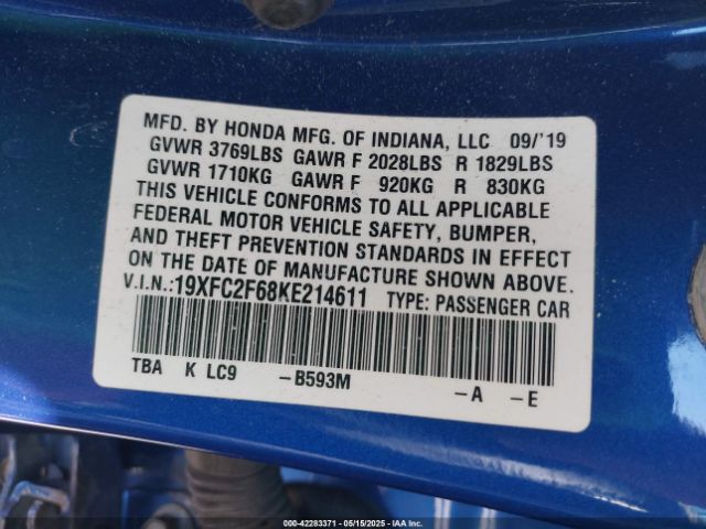 19XFC2F68KE214611 Honda Civic Lx