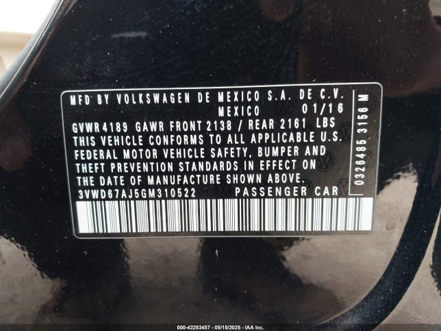 3VWD67AJ5GM310522 Volkswagen 2016