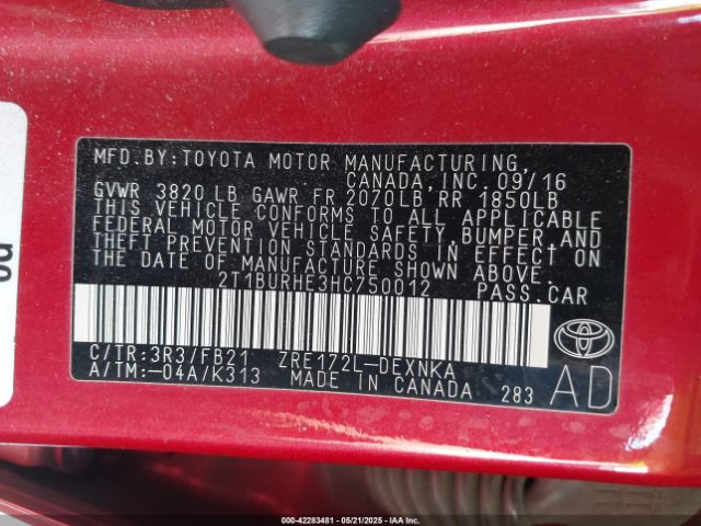 2T1BURHE3HC750012 Toyota COROLLA LE