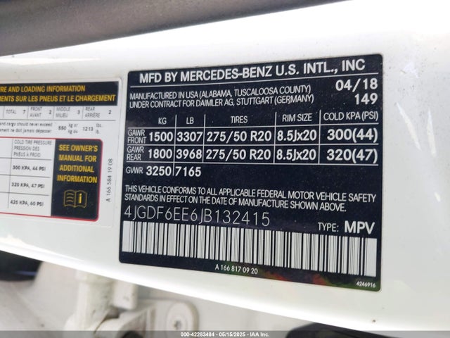 4JGDF6EE6JB132415 Mercedes-Benz m276