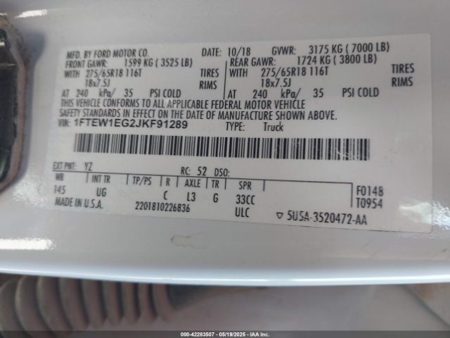 1FTEW1EG2JKF91289 Ford F-150 Xlt