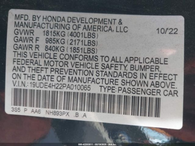 19UDE4H22PA010065 Acura Integra