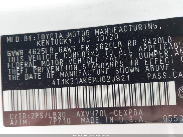 4T1K31AK6MU020821 Toyota a25a-fxs