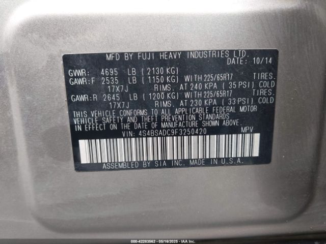 4S4BSADC9F3250420 Subaru Outback 2.5i Premium