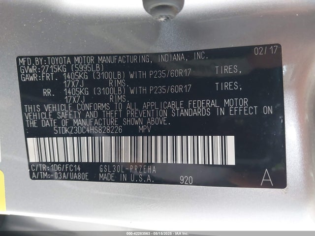 5TDKZ3DC4HS828226 Toyota Sienna Le 8 Passenger