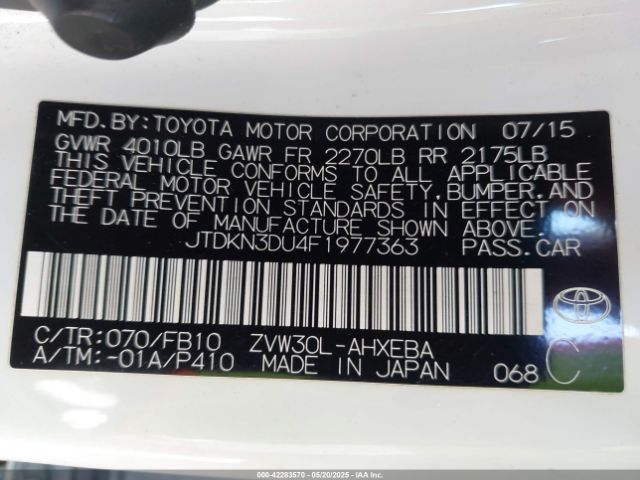JTDKN3DU4F1977363 Toyota 2zr-fxe+3jm