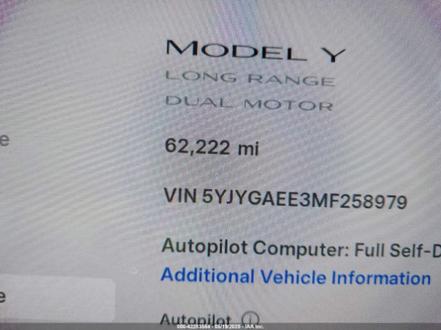 5YJYGAEE3MF258979 Tesla Model Y Long Range Dual Motor All-wheel Drive
