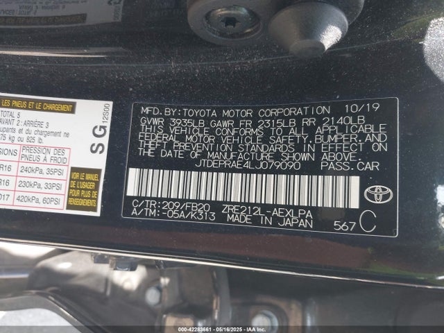 JTDEPRAE4LJ079090 Toyota COROLLA LE