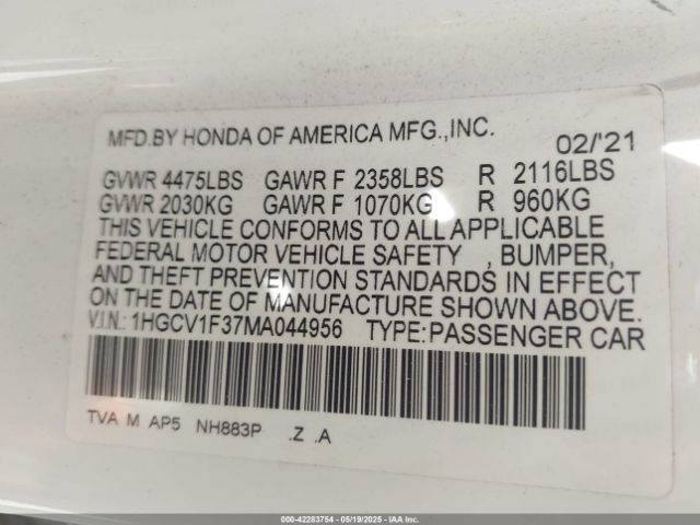 1HGCV1F37MA044956 Honda l15be