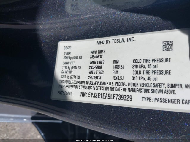 5YJ3E1EA9LF739329 Tesla MODEL 3