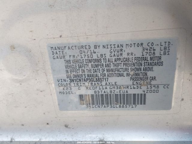 3N1CN7AP3GL885717 Nissan Versa 1.6 S/1.6 S+/1.6 Sl/1.6 Sv
