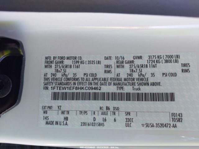 1FTEW1EF8HKC09462 Ford F-150 Lariat