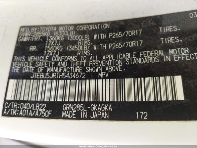 JTEBU5JR1H5434672 Toyota 4runner Sr5 Premium