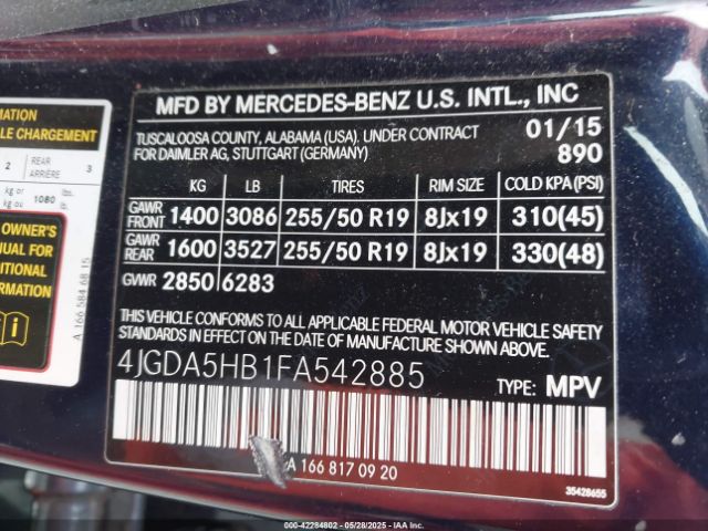 4JGDA5HB1FA542885 Mercedes-Benz Ml 350 4matic