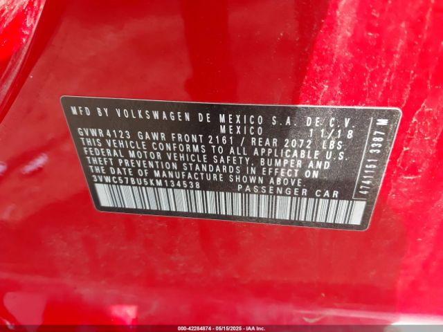 3VWC57BU5KM134538 Volkswagen Jetta 1.4t R-line/1.4t S/1.4t Se