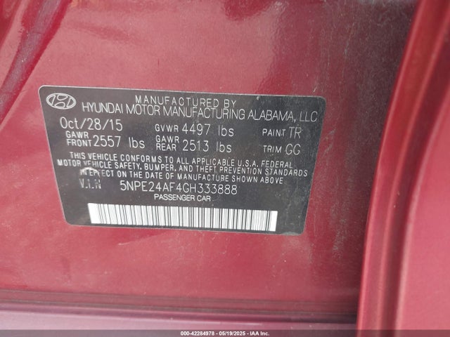 5NPE24AF4GH333888 Hyundai SONATA SE