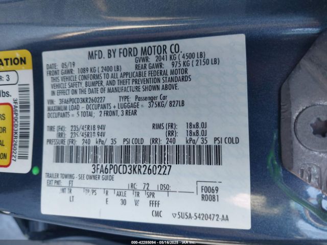 2019 FORD FUSION 3FA6P0CD3KR260227 Photo 8