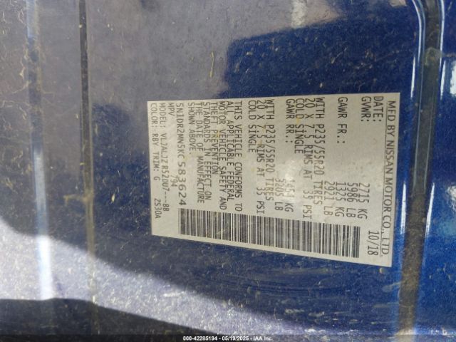 5N1DR2MN5KC583624 Nissan Pathfinder Platinum
