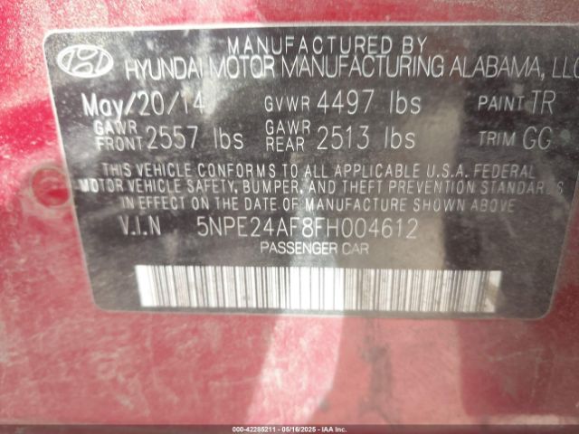 5NPE24AF8FH004612 Hyundai SONATA SE