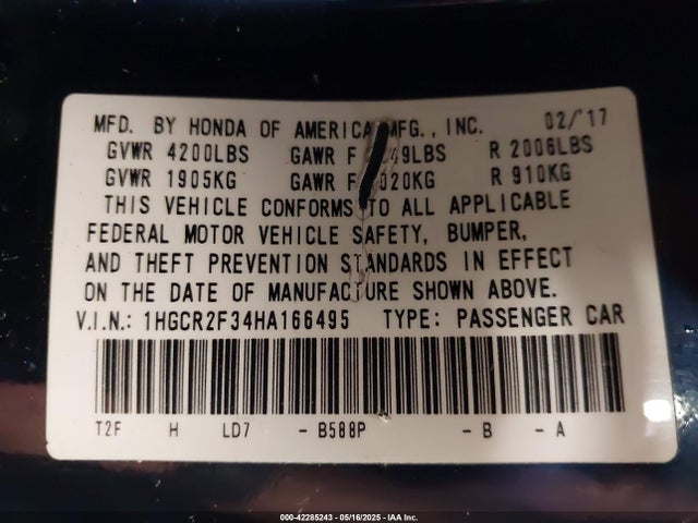 1HGCR2F34HA166495 Honda ACCORD LX