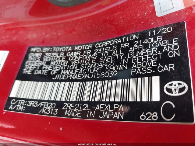 JTDEPMAEXMJ158039 Toyota 2zr-fae