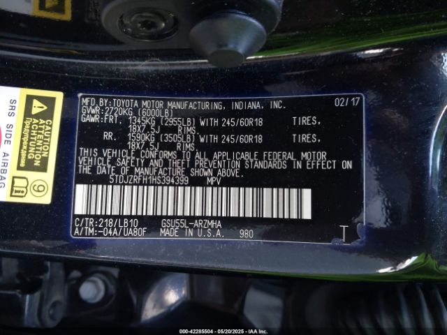2017 TOYOTA HIGHLANDER 5TDJZRFH1HS394399 Photo 8