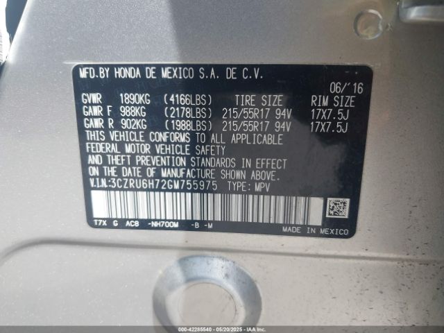 3CZRU6H72GM755975 Honda Hr-v Ex-l
