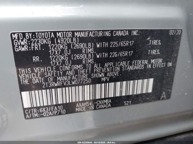 2T3RWRFV3LW077250 Toyota Rav4 Hybrid Xle