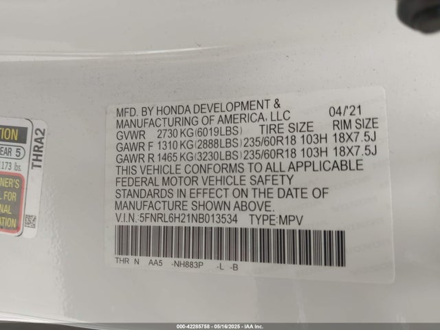 5FNRL6H21NB013534 Honda j35y7