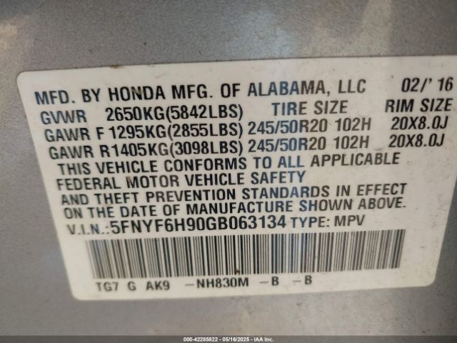 5FNYF6H90GB063134 Honda Pilot Touring