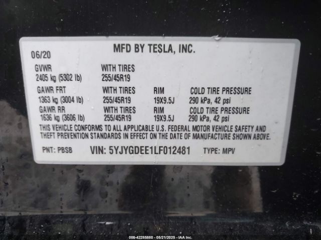 5YJYGDEE1LF012481 Tesla Model Y Long Range Dual Motor All-wheel Drive
