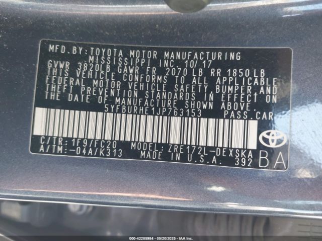 5YFBURHE1JP763153 Toyota COROLLA SE