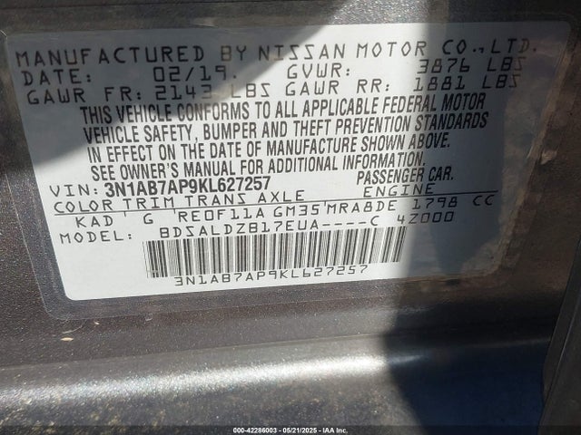 3N1AB7AP9KL627257 Nissan Sentra