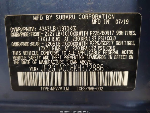 JF2GTACC8KH372886 Subaru naturally aspirated