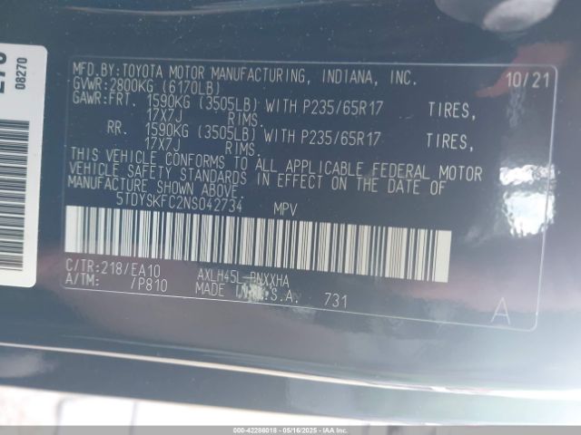 5TDYSKFC2NS042734 Toyota SIENNA XLE
