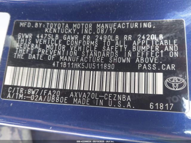 4T1B11HK5JU511890 Toyota a25a-fks